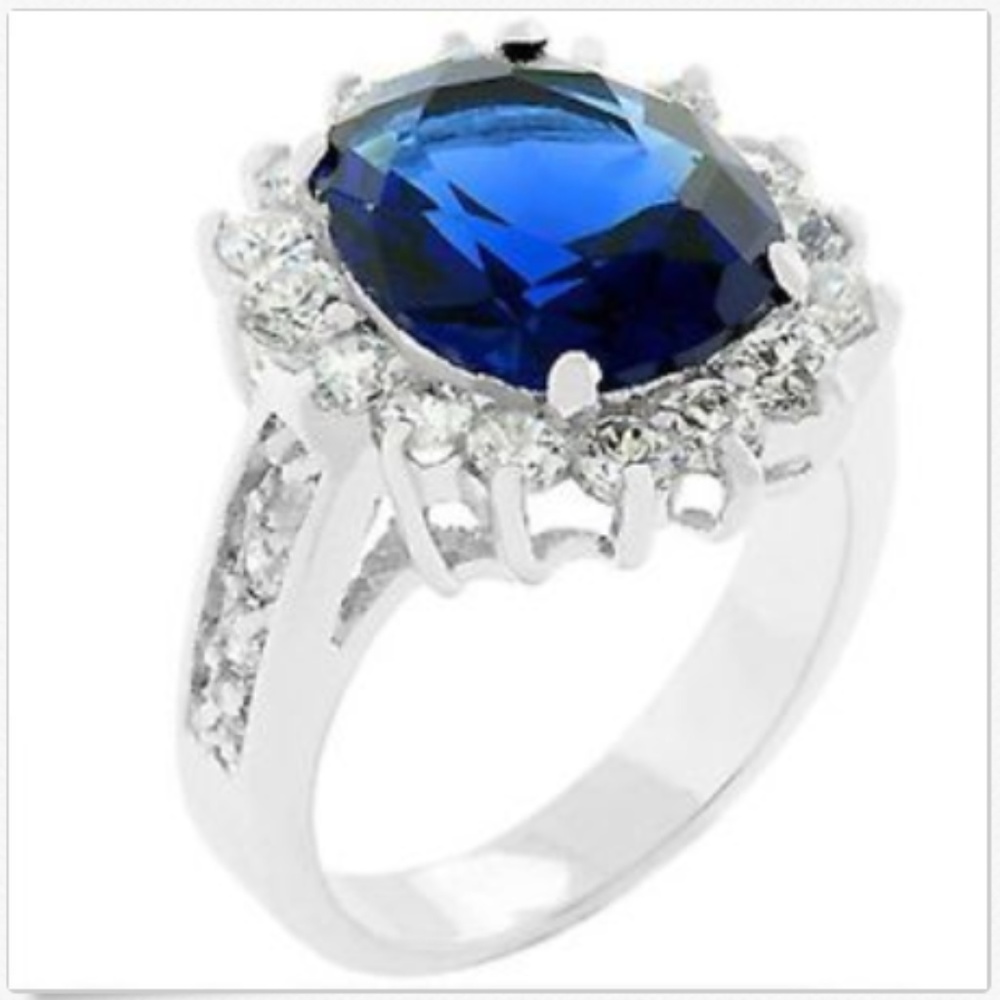 Princess Diana Halo Cocktail Wedding Ring Size 10 Blue Cubic Zirconia Sapphire